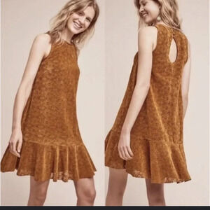 Anthropologie Maeve Amis Dress in Orange Lace Drop Waist Ruffle Hem Size 8